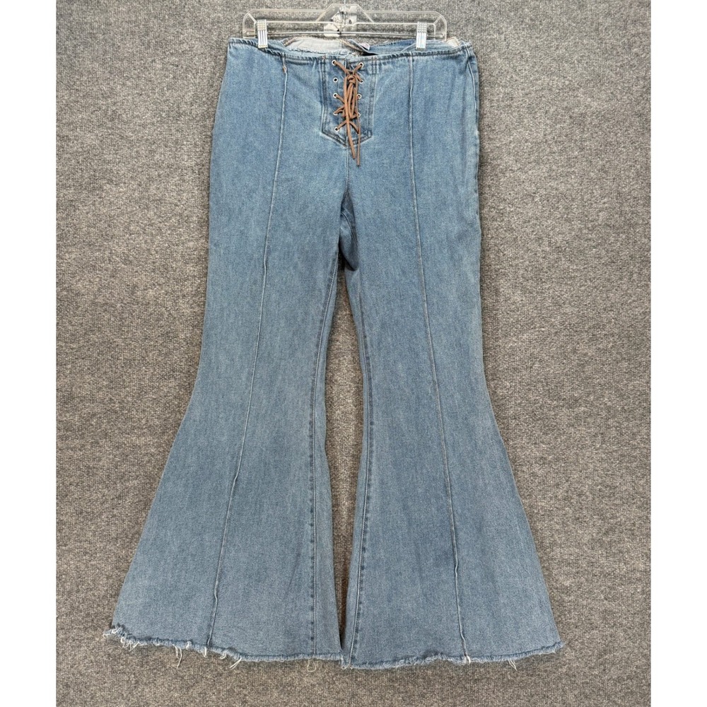 SO Flare Jeans Women 17/33W Blue Lace Up Front Retro Boho Bell Bottom Denim